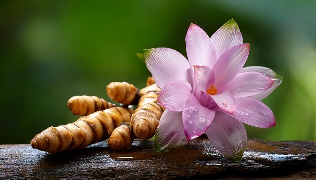 curcuma latifolia roscoe rhizome and flower wet wiht water on natural background