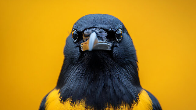 Intense Gaze Close-up Portrait of a Montezuma Oropendola Against Vibrant Yellow Background