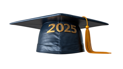 Graduation cap with class year 2025 in gold letters and elegant tassel in academic theme