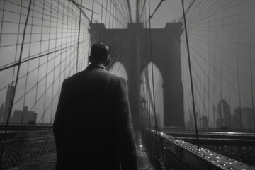 A man in a coat walking on the Brooklyn Bridge with a foggy backdrop, a black and white image, creating an atmosphere of mystery and solitude, urban landscape.