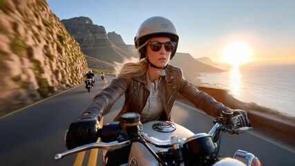 Rider on a Motorcycle: Captivating photograph of a woman driving a motorcycle along a scenic coastal road at sunset, portraying freedom and adventure.