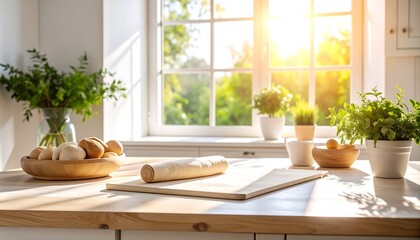 Sunlit Kitchen Counter with Dough, Bread, Eggs, and Herbs