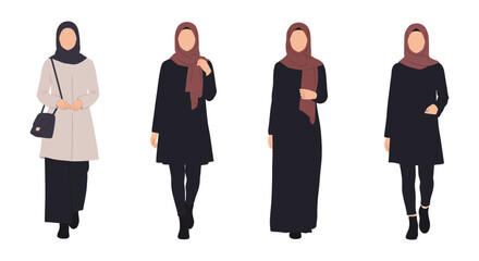 Four diverse muslim women in stylish hijabs and modest islamic fashion outfits standing confidently