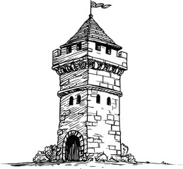 Obraz premium Medieval stone tower with arched doorway and flag, black and white sketch. Vector illustration