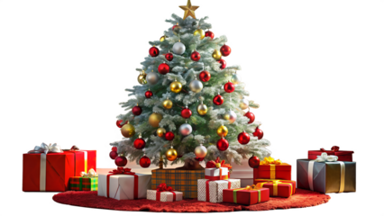 Decorated christmas tree with gifts isolated on transparent background for festive holiday season celebration and new year surprise