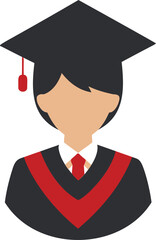 Graduation icon featuring a student with black cap and gown, red accents. Vector illustration