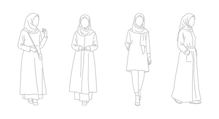 Fashion illustration of four women in elegant long dresses and headscarves presented in a clean line art style