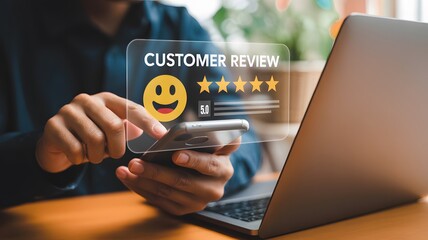 Person using smartphone with customer review interface overlay next to a laptop computer on a desk