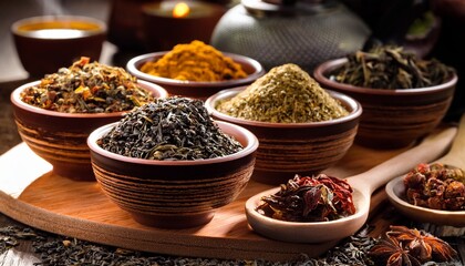 tea theme a variety of dry teas in ceramic cups and bowls with aromatic tea in the background