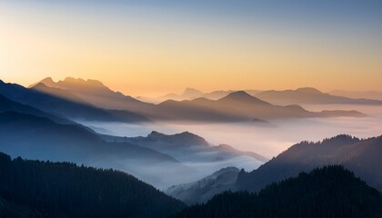 a misty mountain range with layers of peaks fading into the distance shrouded in fog and illuminated by the soft glow of the rising sun