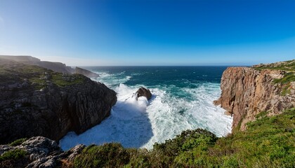 waves crash between rocky cliffs with lush greenery above under a clear blue sky