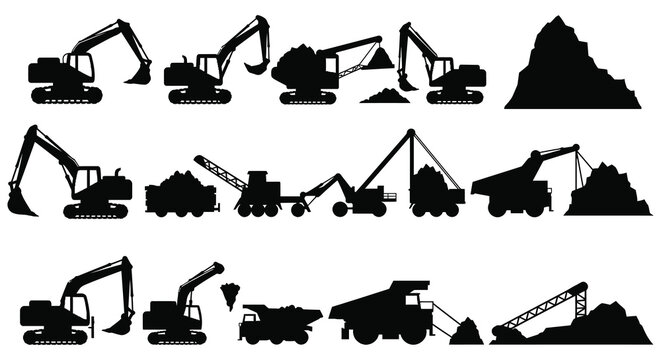 Collection of silhouette construction excavators and mining equipment working in a quarry or construction site