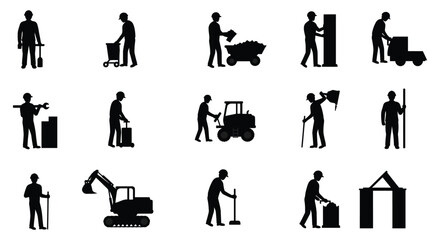 Collection of silhouettes representing various construction and manual labor jobs and activities