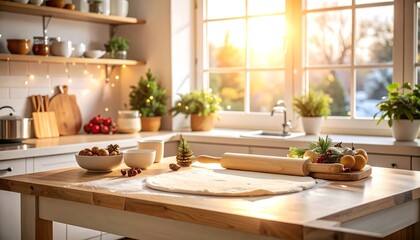 Warm Kitchen Scene with Dough, Rolling Pin, and Festive Decorations