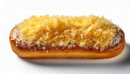 a golden brown oblong pastry is generously topped with shredded fluffy light yellow meat floss isolated against a stark white background