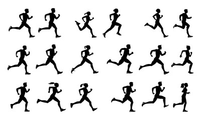 running man and woman silhouette vectors, dynamic jogging sequence, fitness movement animation, athletic exercise illustration on white, sprint and marathon race progression