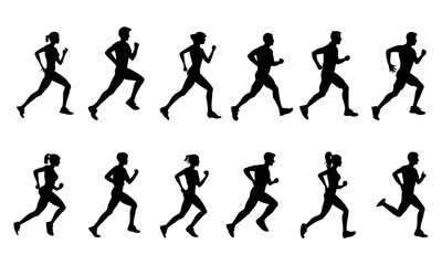 Athletic running silhouette vector set showing dynamic jogging man and woman sequences, isolated fitness runners on white background, human movement animation, exercise sprint step