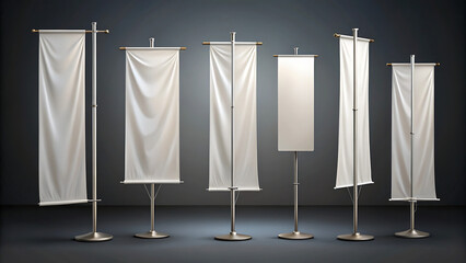 Group of blank white advertising flags and banners on poles with stands for outdoor promotion and display