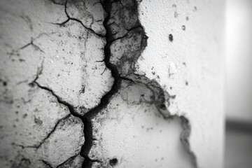 Obraz premium Close-up of a cracked wall, showing the rough texture and damage with dramatic shadows, emphasizing the surface imperfections and structural decay of aged concrete.