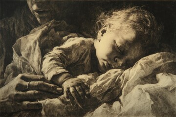 A touching monochrome depiction of a mother's love, cradling her sleeping child, showcasing the tender bond and peaceful innocence, presented in a classic etching style.