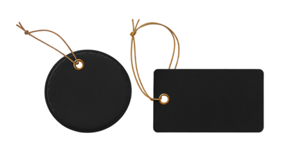 Elegant black circle and rectangle tags with twine on dark background for branding design