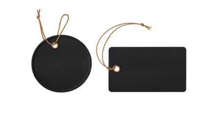 Elegant black blank tags with strings for branding and gift packaging on dark background