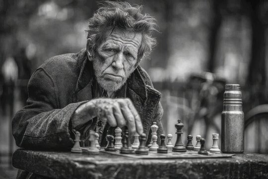 A thoughtfull elderly man plays chess in black and white, deep in concentration as he contemplates his next move, an intense gaze in the outdoors.