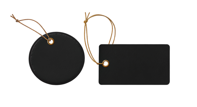 Elegant black circle and rectangle tags with twine on dark background for branding design