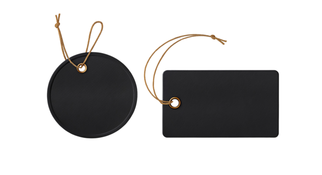 Elegant black blank tags with strings for branding and gift packaging on dark background
