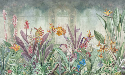 Mural Wallpaper. Tropical Flower Bushes Wallpaper Mural. Vintage Tropical Background  © александр Бужореан