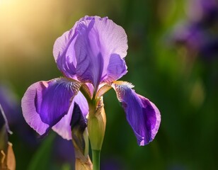 elegant purple iris flower in bloom captured in medium closeup against a softly blurred green garden background with warm sunlight creating a gentle glow and highlighting the rich violet petals