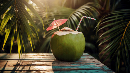 Exotic coconut juice in natural sunlight,
Green coconut beverage with beach vibe.