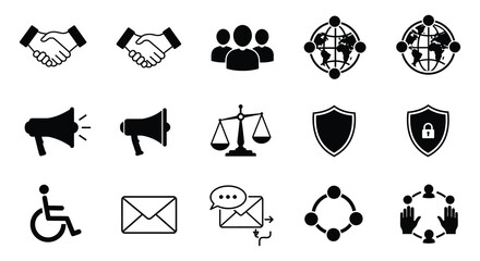 Collection of business and social icons representing partnership communication security and global connection