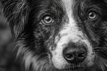A captivating close-up of a Border Collie's face in black and white, showcasing expressive eyes and a soft fur texture, evoking a sense of loyalty and companionship.