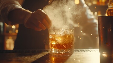 Expert Bartender Mixing a Smoky Whiskey Cocktail