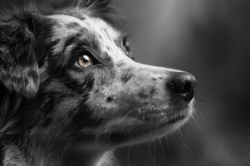 Close-up monochrome portrait of an Australian Shepherd dog's expressive face, showcasing its detailed fur, intelligent eyes, and wet nose against a blurred background.