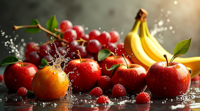 Fresh  fruits with watersplash for a healthy tropical display, luxury background image