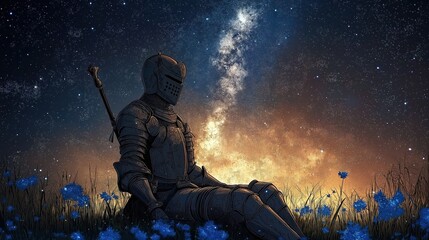 Fototapeta premium Knight in armor sitting on grass with blue flowers under starry anime night sky.