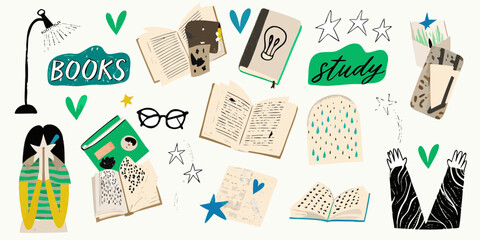 Collection of hand drawn illustrations representing books studying and learning with a whimsical style