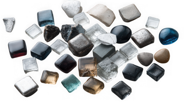 A diverse collection of various types of gourmet salt crystals in cube and irregular shapes, isolated on a transparent background