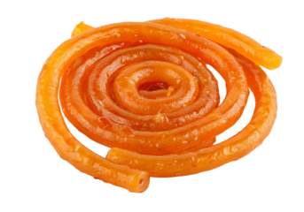 Indian sweet jalebi spiral closeup showcasing vibrant orange color and glossy sugar syrup texture