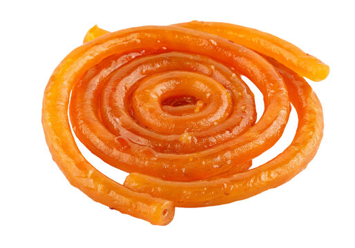 Indian sweet jalebi spiral closeup showcasing vibrant orange color and glossy sugar syrup texture
