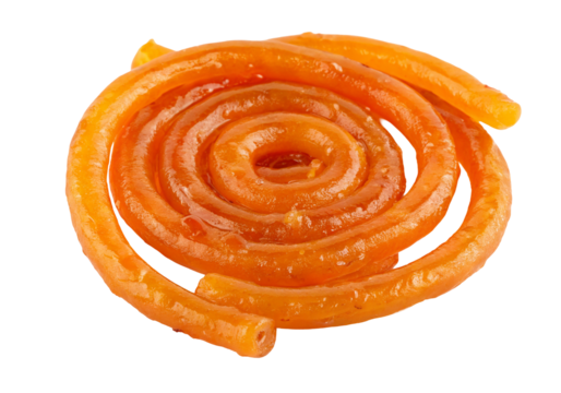 Indian sweet jalebi spiral closeup showcasing vibrant orange color and glossy sugar syrup texture