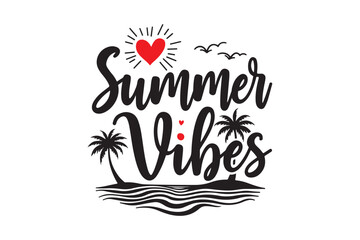 Summer vibes hand lettering with tropical beach scene