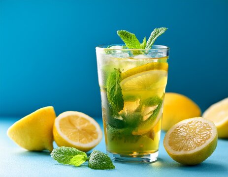 refreshing iced green tea drink with mint leaves and lemon slices in a glass on vibrant blue background