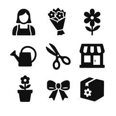 Florist and flower shop business concept icon set. Vector glyphs for floral arrangement, delivery, and gardening.
