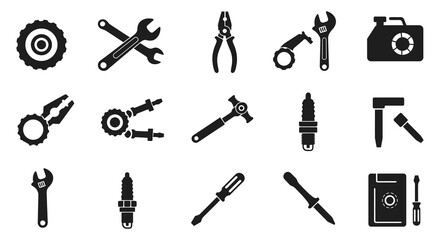 Obraz premium Collection of automotive and mechanical tools and equipment icons for repair and maintenance