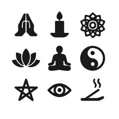 Spirituality and meditation icon collection on white background. Includes yoga pose, lotus, yin yang, and candle symbols.