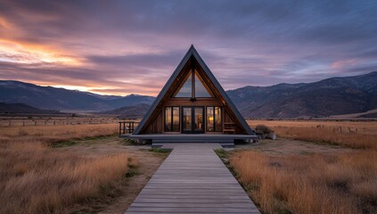 A modern, minimalist cabin in the shape of an isosceles triangle with warm lighting inside, placed on wooden walkways leading to it amidst grassy fields under mountains at sunset. The cabin's exterior