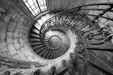 An overhead shot of a stone spiral staircase with ornate iron railing, in black and white, leading to a window with light, creating an interesting architectural pattern.